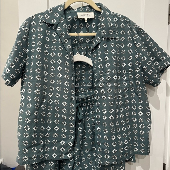 THE GREAT. Teal and White Floral Top and Shorts